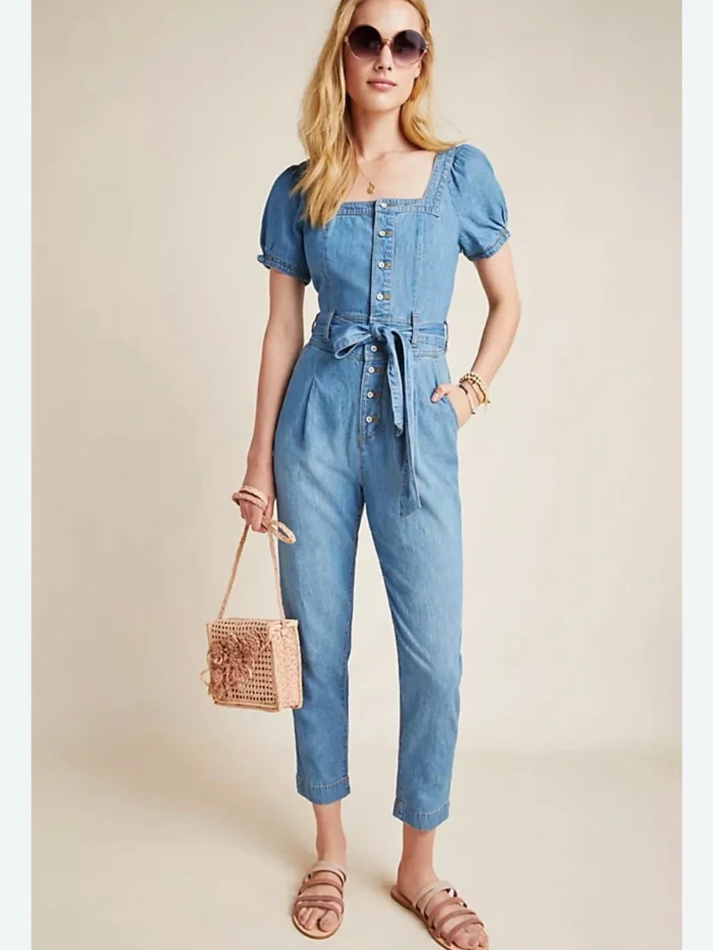 Pilcro and the Letterpress Light Blue Denim Puff-Sleeve Tie-Waist Jumpsuit - Picture 1 of 3